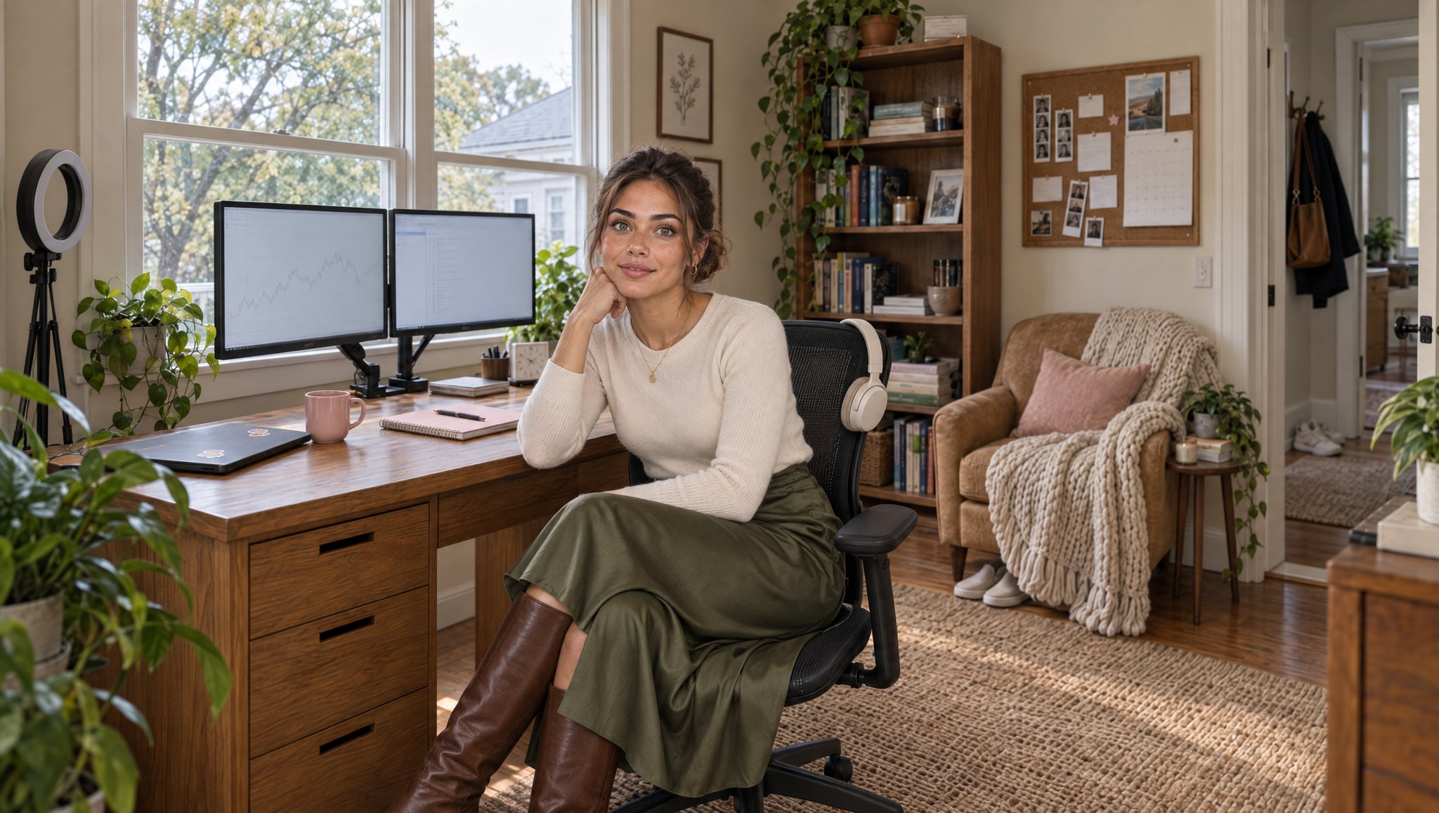 Maya at her desk in the home office, turned from the monitors with her chin on her hand. Morning light from the window on the left; her armchair and bookshelf behind her.